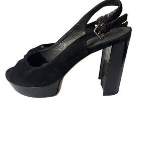 Stuart Weitzman Black Suede & Patent Leather Peep Toe Platform Heels With Adjust